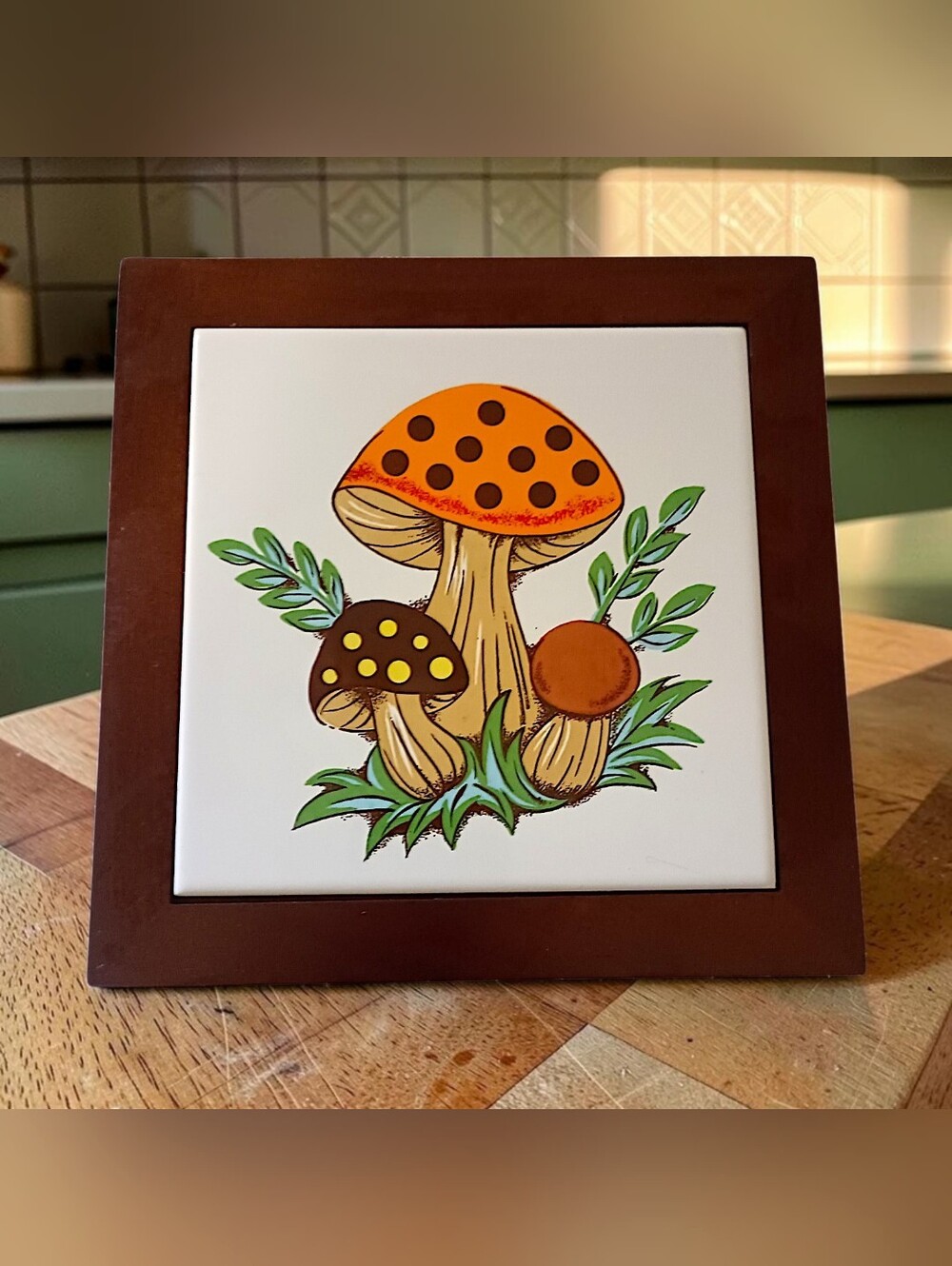 Vtg Merry Mushroom Ceramic Tile Wood Framed Trivet Wall Art Cottagecore 70s MCM